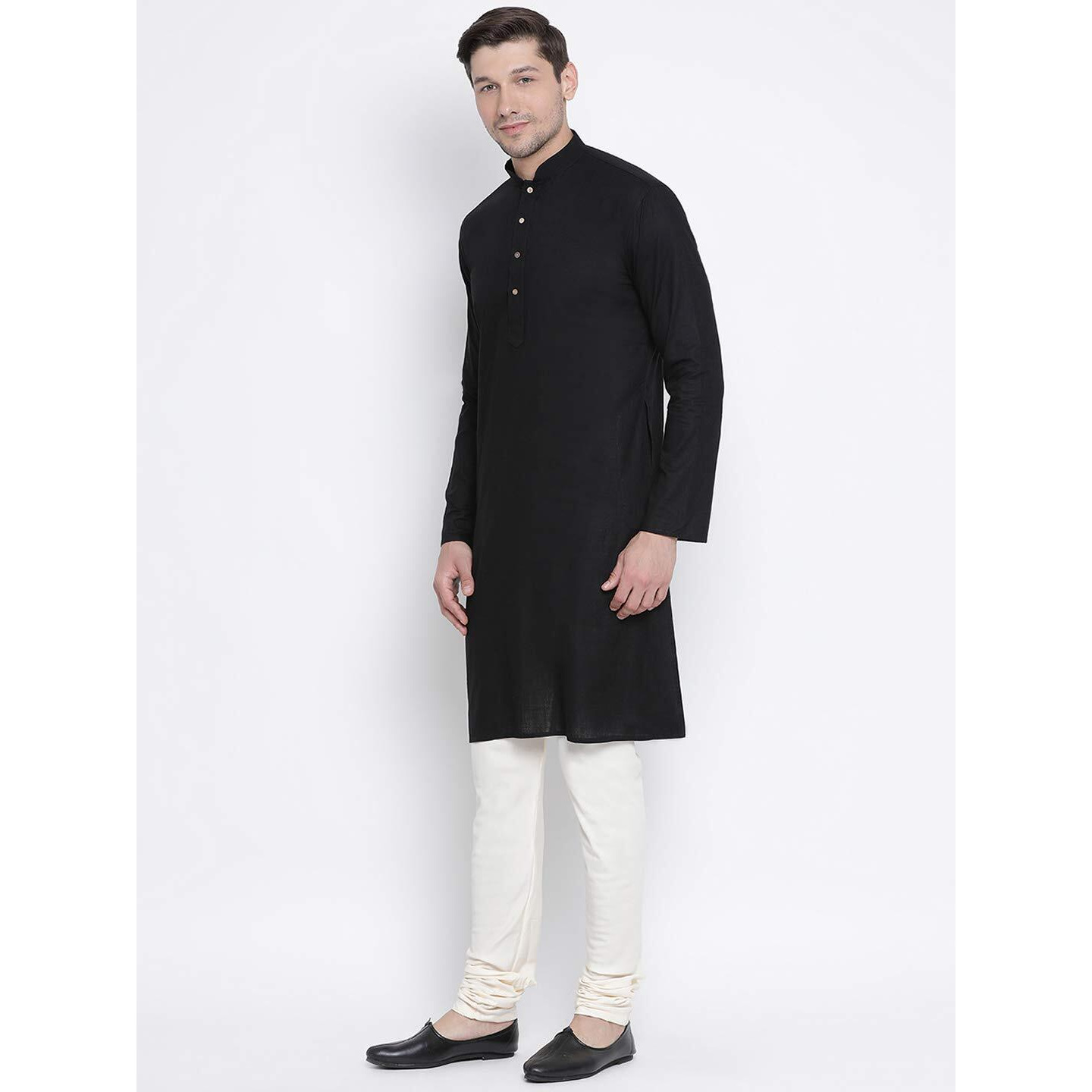 VASTRAMAY Men's Black Cotton Linen Blend Kurta Pyjama Set_VASMK007BLnPLBCR_44
