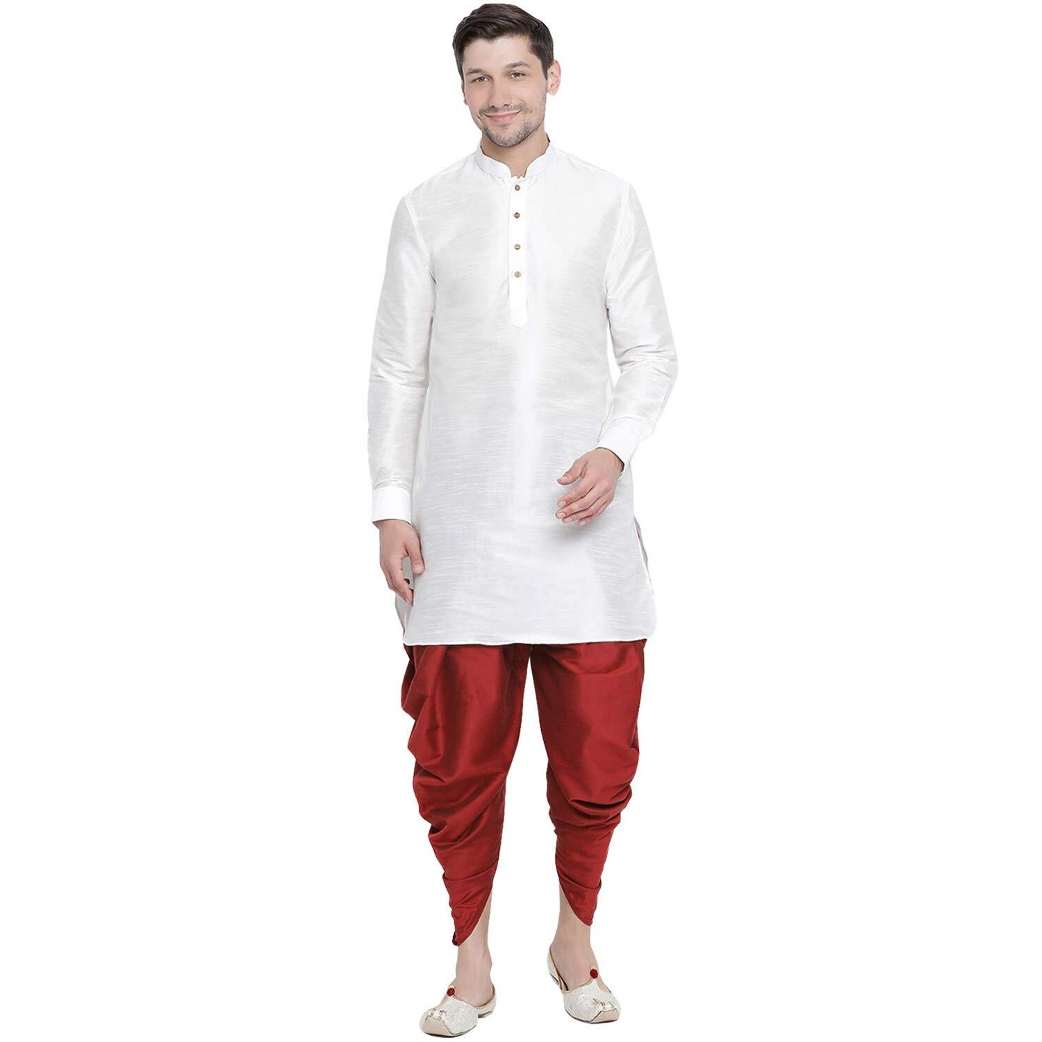 VASTRAMAY Men's White Cotton Silk Blend Kurta and Dhoti Pant Set_VASMUK001WHnCDMA_36
