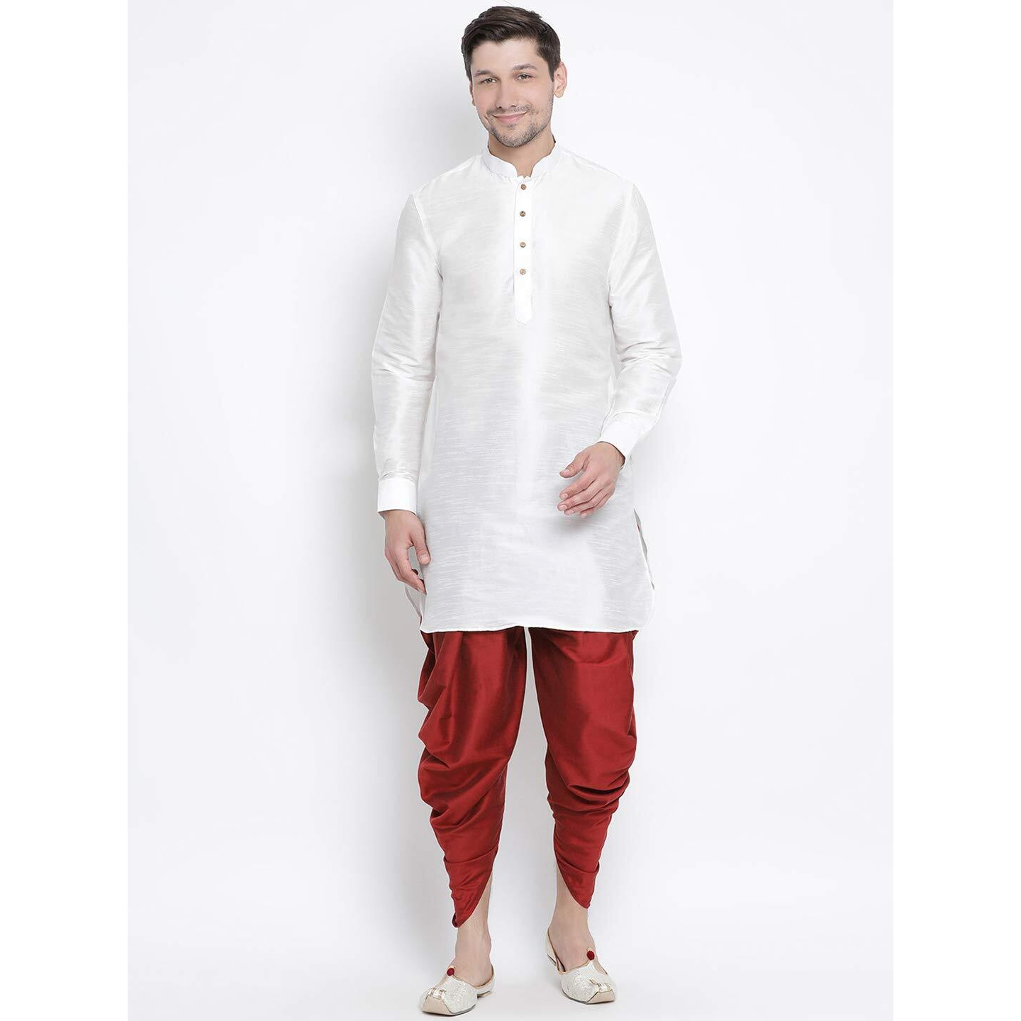 VASTRAMAY Men's White Cotton Silk Blend Kurta and Dhoti Pant Set_VASMUK001WHnCDMA_36