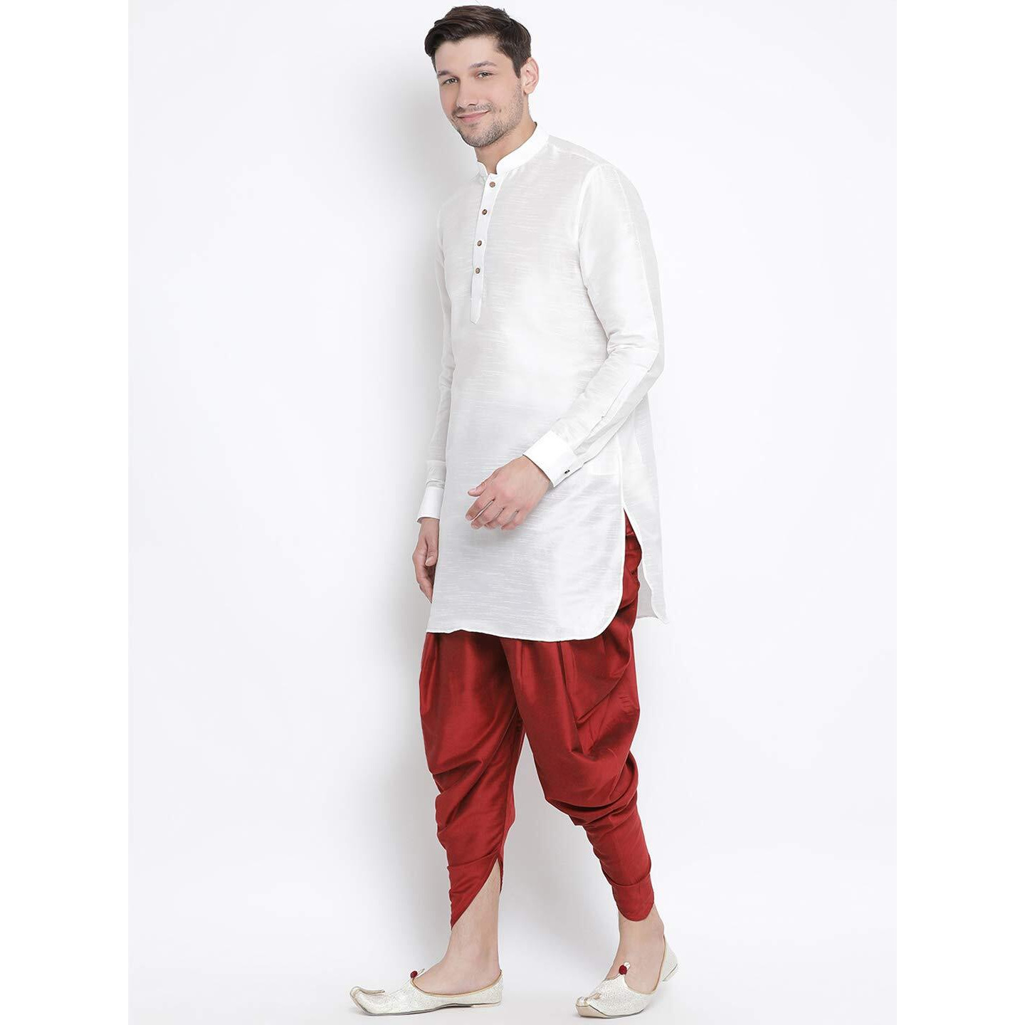 VASTRAMAY Men's White Cotton Silk Blend Kurta and Dhoti Pant Set_VASMUK001WHnCDMA_36