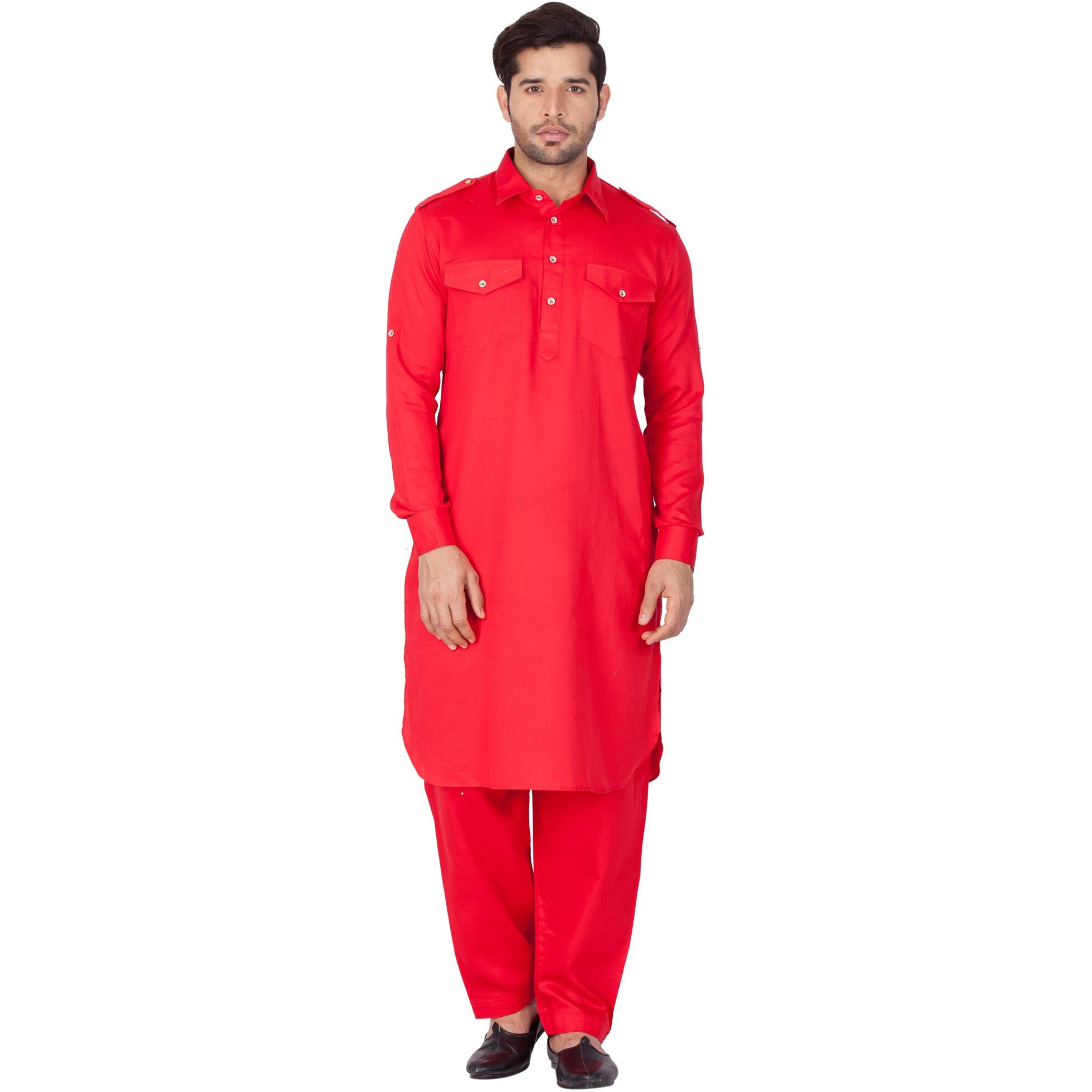 VASTRAMAY Men Cotton Pathani Khan Suit Set (Red_VASMPTRD009_44)