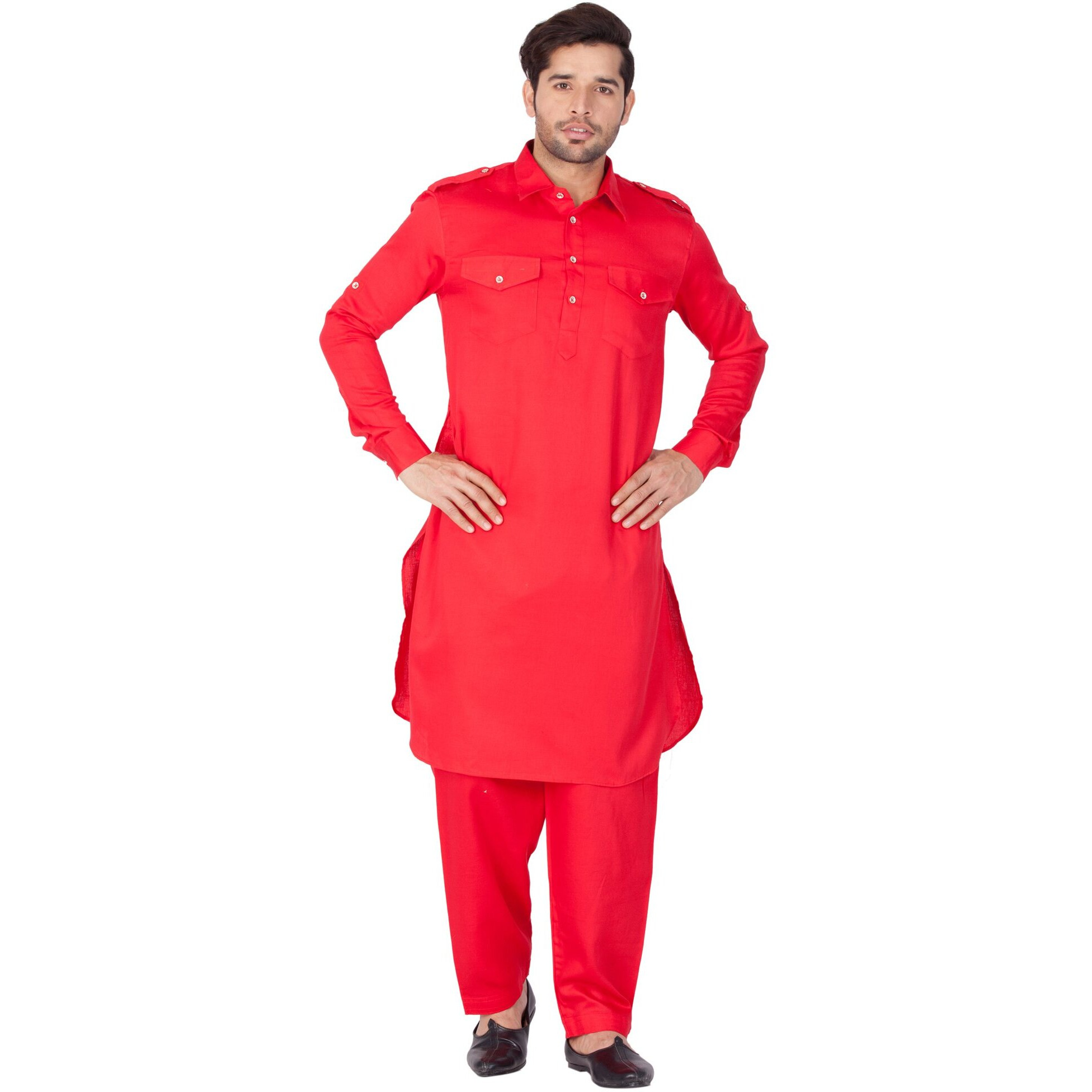 VASTRAMAY Men Cotton Pathani Khan Suit Set (Red_VASMPTRD009_44)