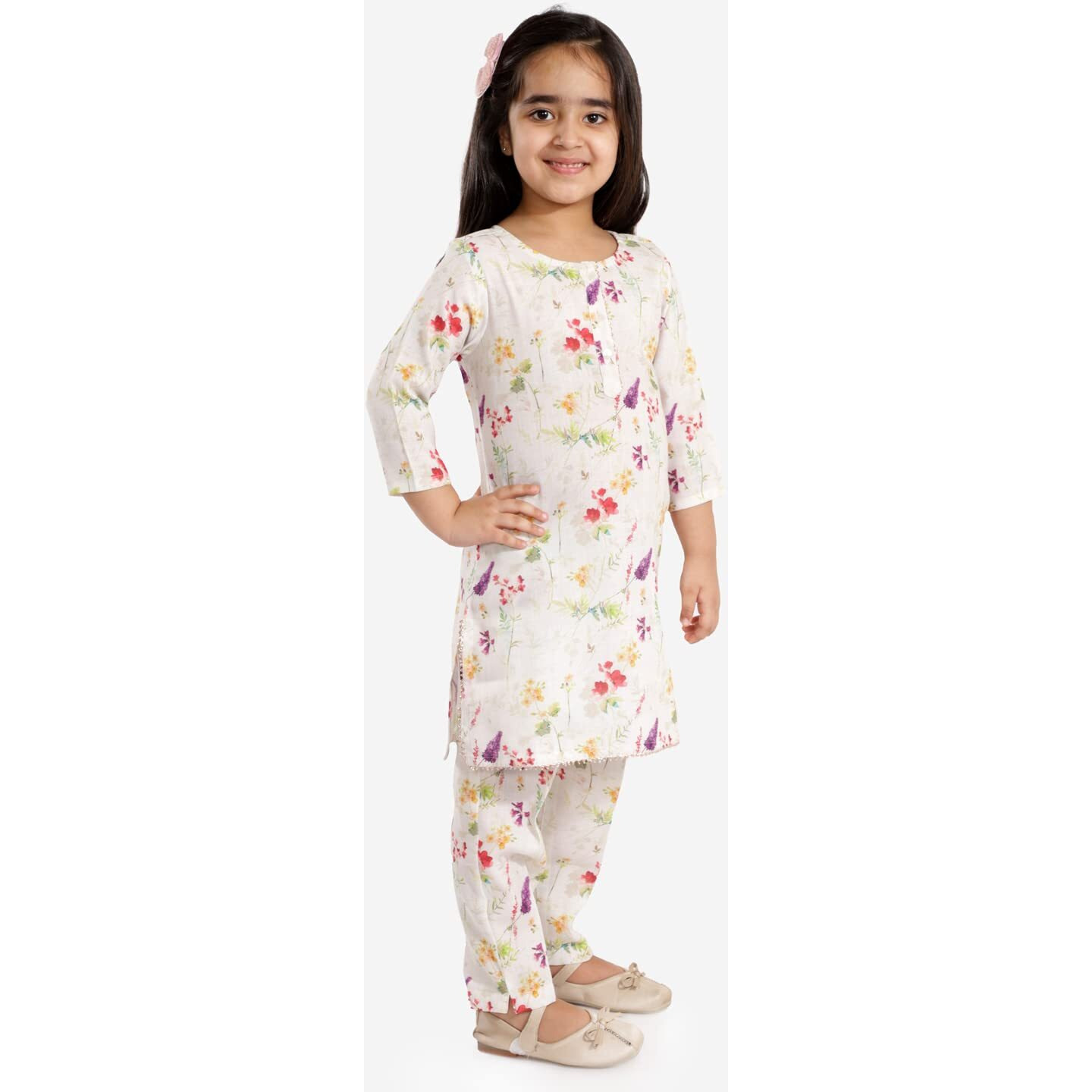 VASTRAMAY Boys' Multicolor-Base-Cream Cotton Blend Kurta Pyjama Set & Girls' Printed Floral Linen Kurta And Straight Pant Set[Boy's (11-12 Years) / Girl's (5-6 Years)]