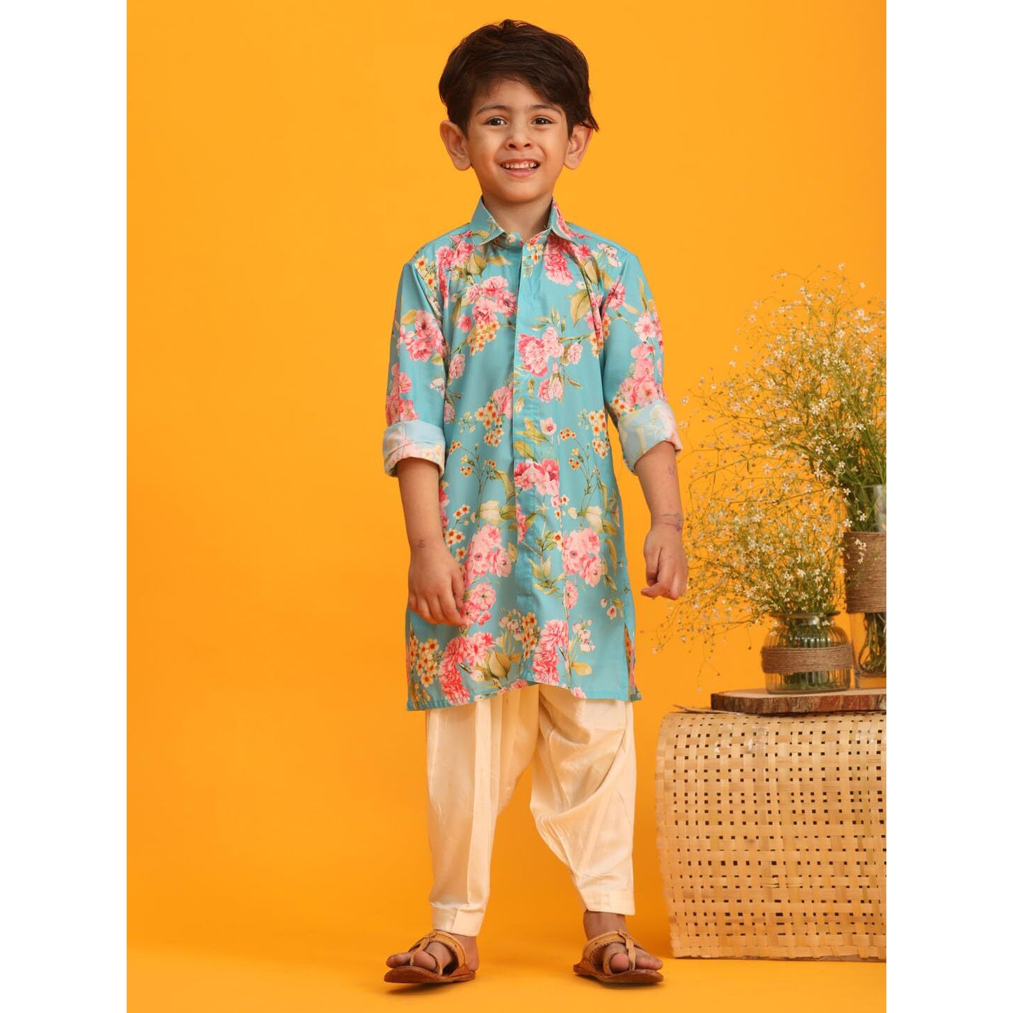 VASTRAMAY Boy's Multicolor Base Aqua Kurta Patiala Set_VASBK179AQnPTYCR_20