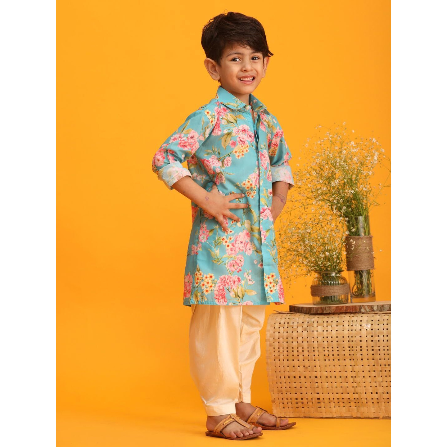 VASTRAMAY Boy's Multicolor Base Aqua Kurta Patiala Set_VASBK179AQnPTYCR_20