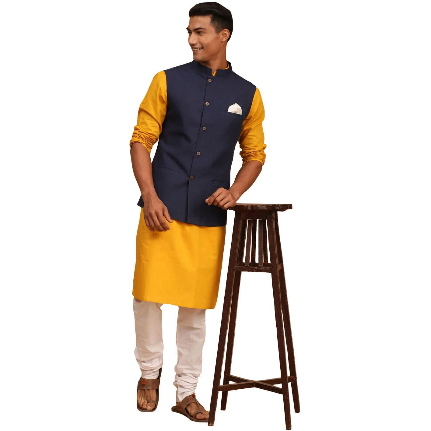 VASTRAMAY Men's Mustard, Navy Blue And White Cotton Blend Jacket, Kurta and Pyjama Set-VASMJ061NBnK007MDnPCWH_40