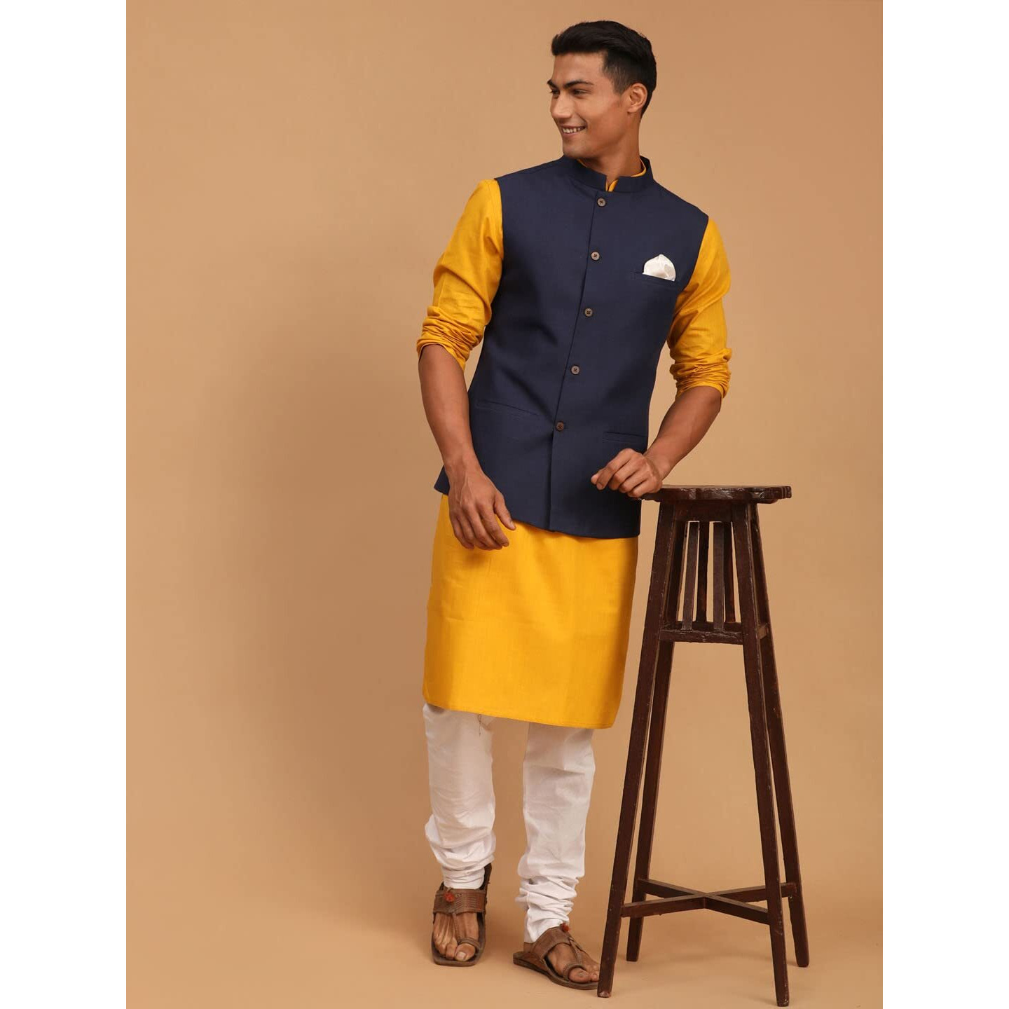 VASTRAMAY Men's Mustard, Navy Blue And White Cotton Blend Jacket, Kurta and Pyjama Set-VASMJ061NBnK007MDnPCWH_40