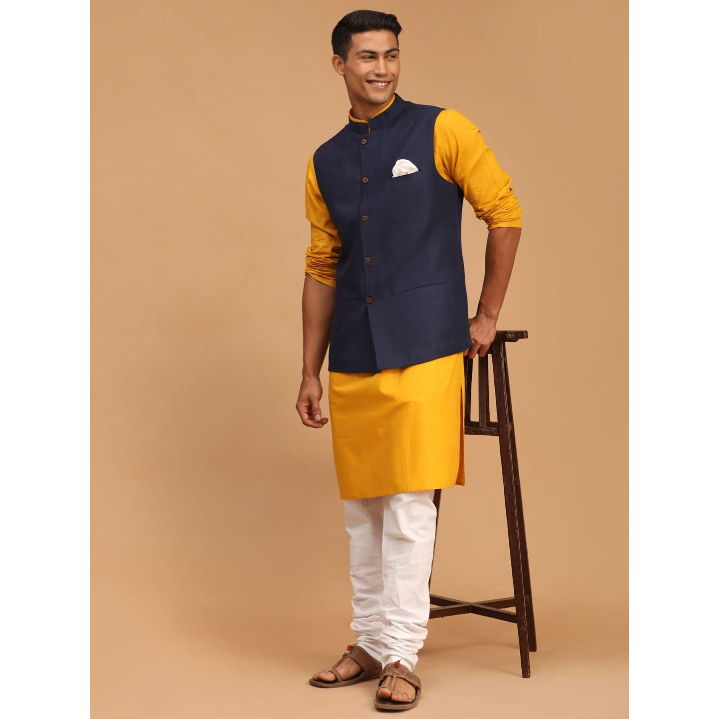VASTRAMAY Men's Mustard, Navy Blue And White Cotton Blend Jacket, Kurta and Pyjama Set-VASMJ061NBnK007MDnPCWH_40