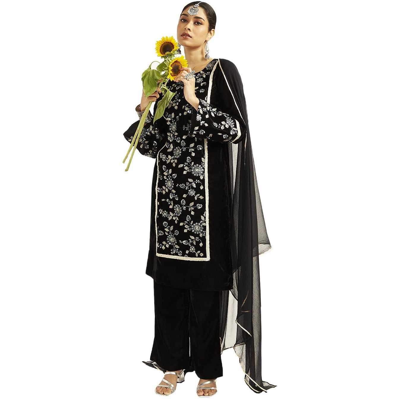 VASTRAMAY Women's Black Kurta Set, Vetvet Embroidered Kurta Pyjama And Dupatta Set for Women. Indian Suit Set for Festive Occasions, Weddings & Parties