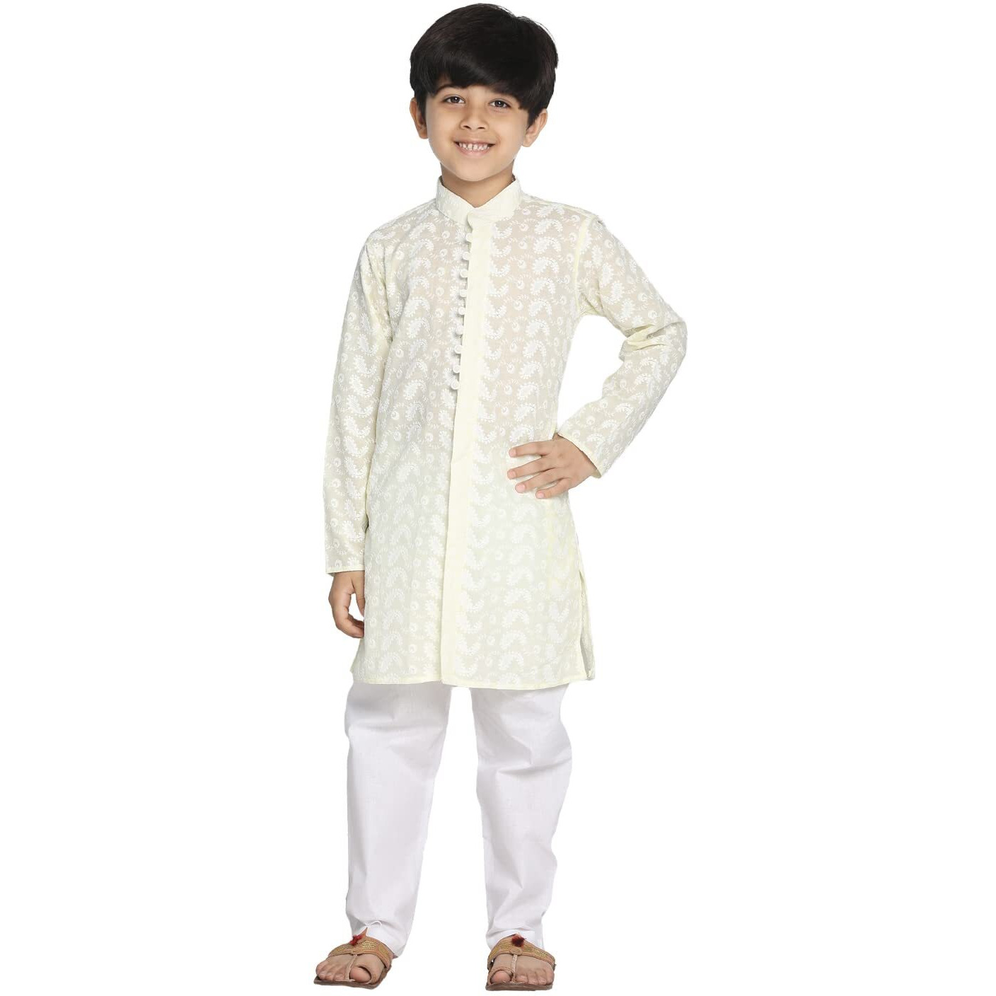 VASTRAMAY Boys' Yellow And White Kurta Pyjama Set | Classic Ensemble Of Lukhnowi Chikankari Kurta & Pyjama for Navratri, Diwali & Festive Celebrations - Stylish and Comfortable Indian Outfit for Kids