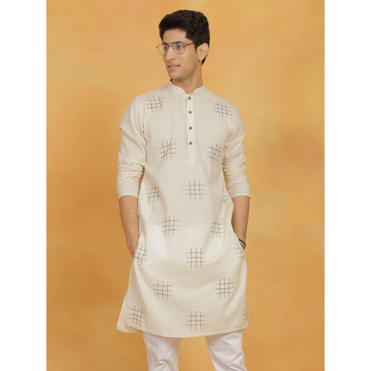 VASTRAMAY Men's Cotton Kurta for Men I Straight Regular Kantha Work Knee Length Kurta I Casual Party Festive Wedding Dressing Style_VSHVMK334CR_38 Cream