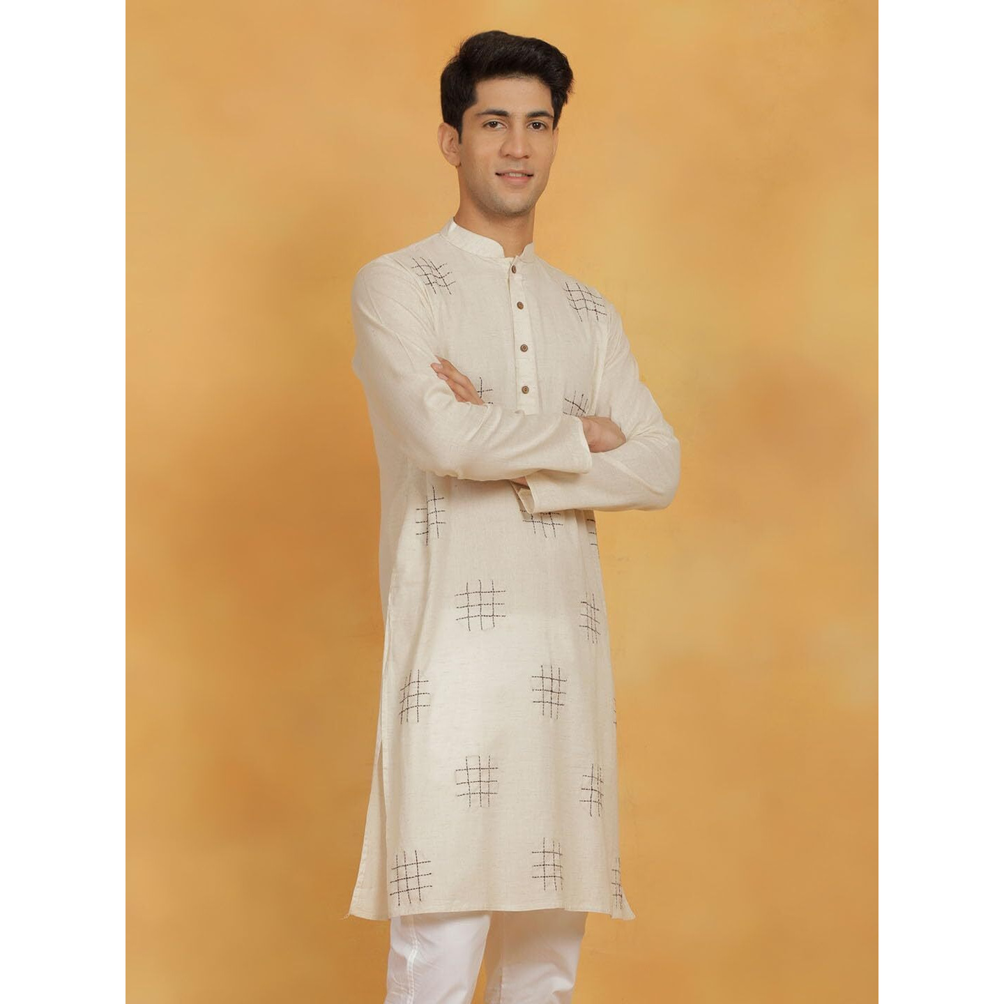 VASTRAMAY Men's Cotton Kurta for Men I Straight Regular Kantha Work Knee Length Kurta I Casual Party Festive Wedding Dressing Style_VSHVMK334CR_38 Cream