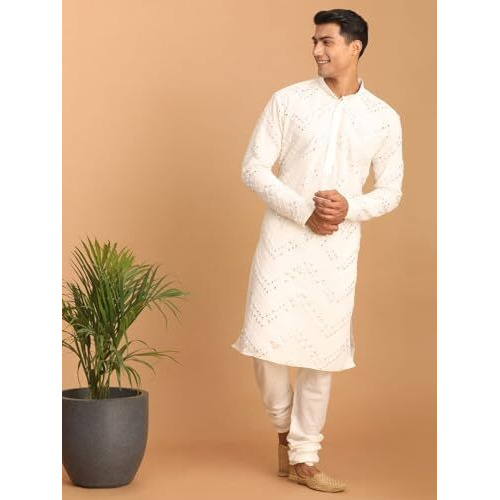 VASTRAMAY Men's White Georgette Kurta Pyjama Set | Mirror work White Georgette Kurta and Pyjama Set.