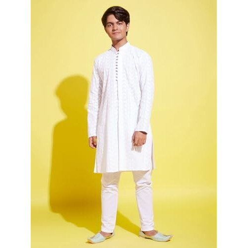 VASTRAMAY YUVA Boys' White Cotton Kurta Pyjama Set ||Elegant For Holi & EID Celebration_VYUVBK094WHnPWH_36L