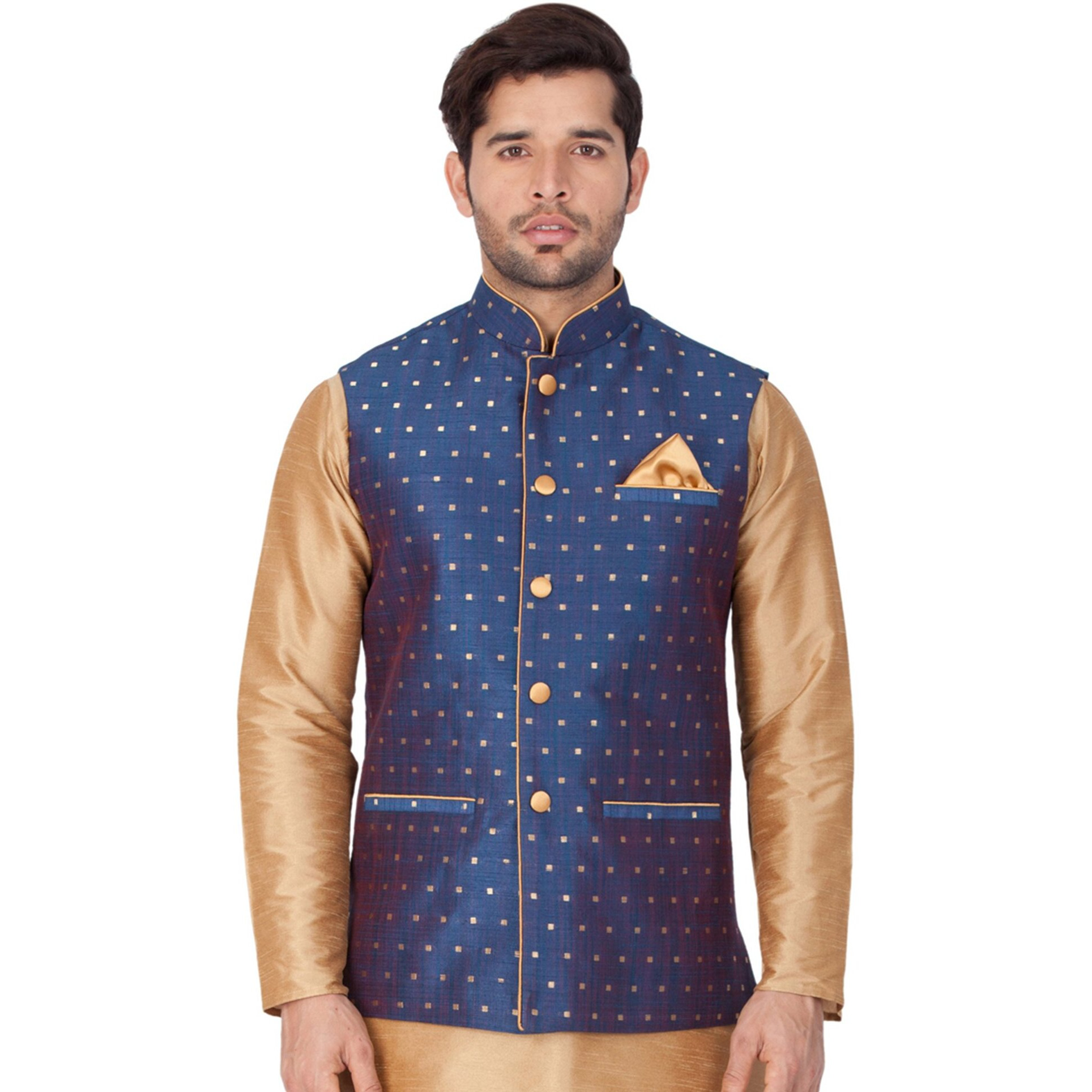 VASTRAMAY VM Mens Silk Blend Navy Blue Nehru Jacket - Timeless Style & Versatility | Jacquard Woven checkered Zari threads Ethnic Sleeveless Coat for Formal & Casual Wear_VASMJ009BU_38