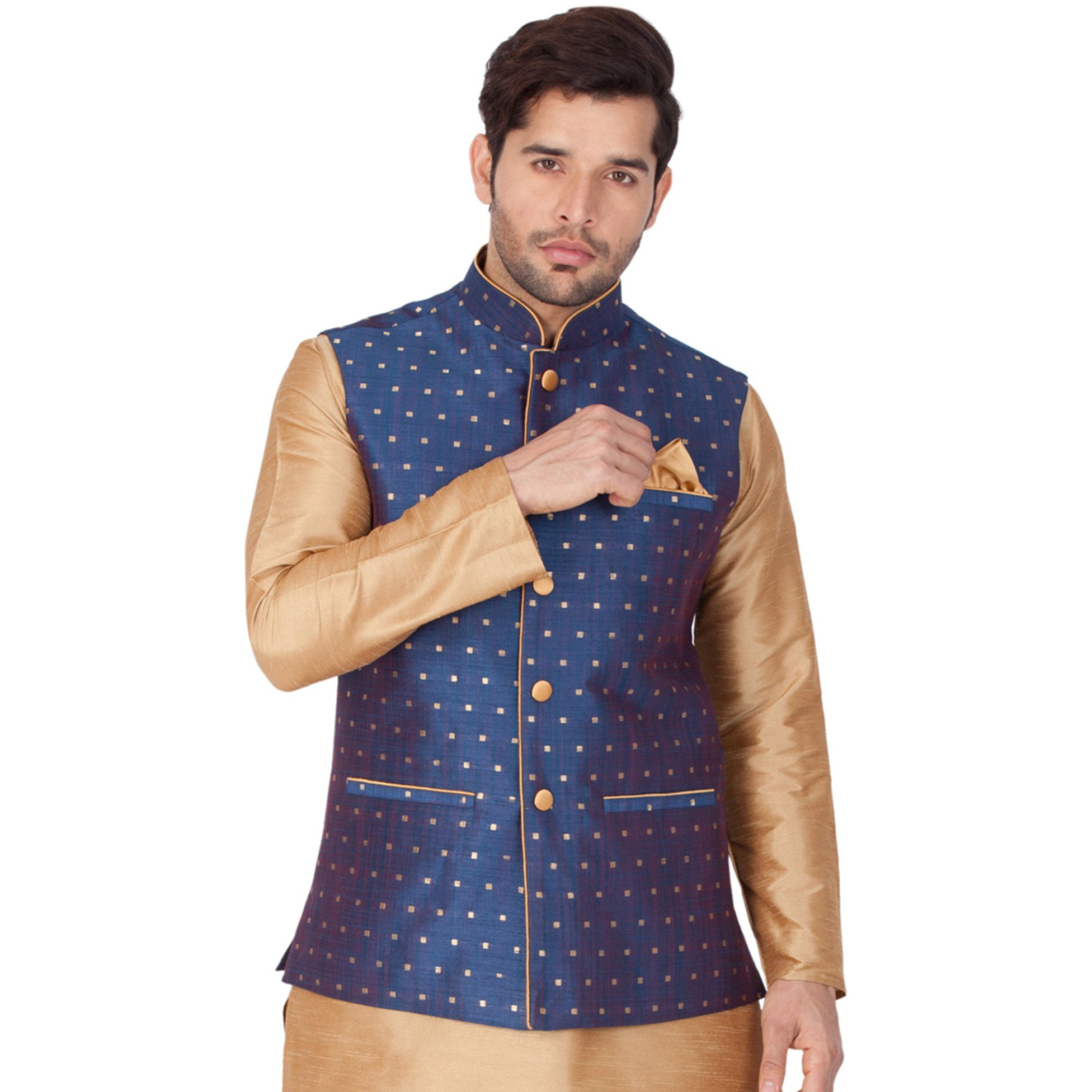 VASTRAMAY VM Mens Silk Blend Navy Blue Nehru Jacket - Timeless Style & Versatility | Jacquard Woven checkered Zari threads Ethnic Sleeveless Coat for Formal & Casual Wear_VASMJ009BU_38