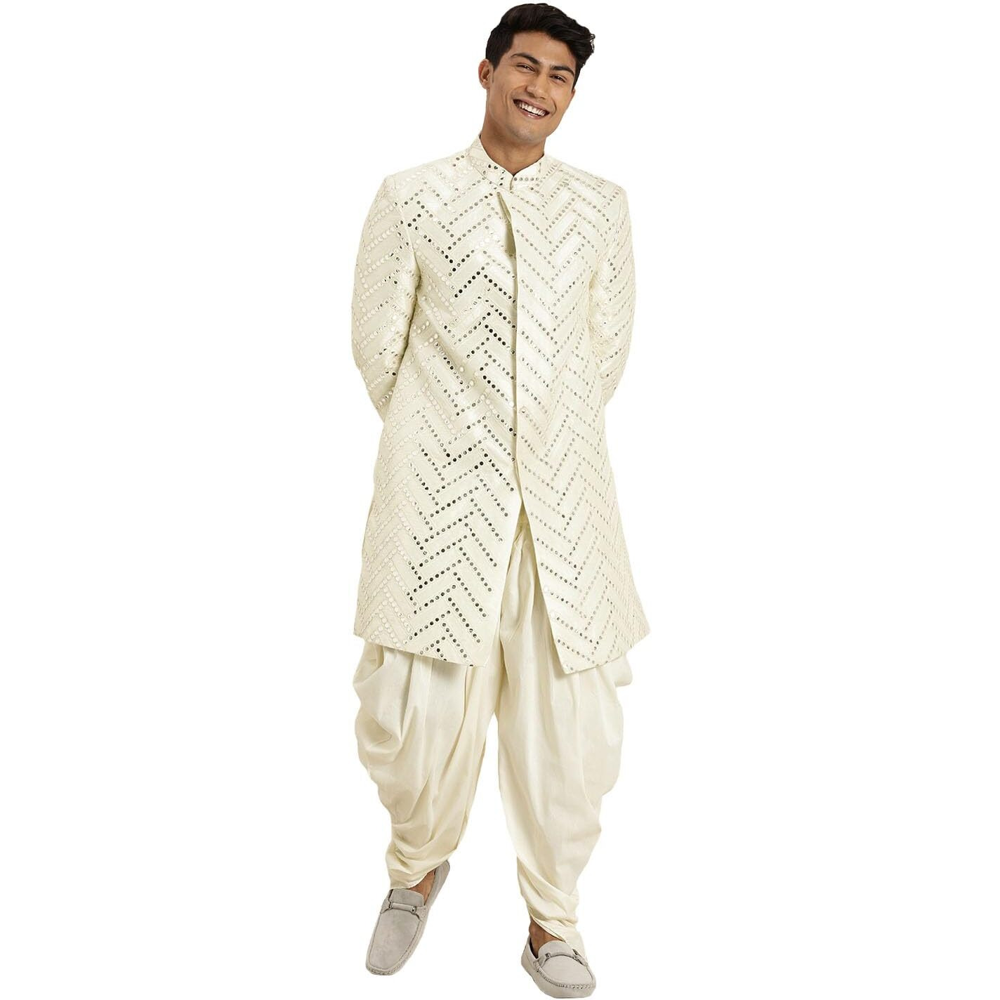 VASTRAMAY Men Cream-Coloured Mirror Work Indo Western Sherwani Set_VASMIW026CRnCDCR_38