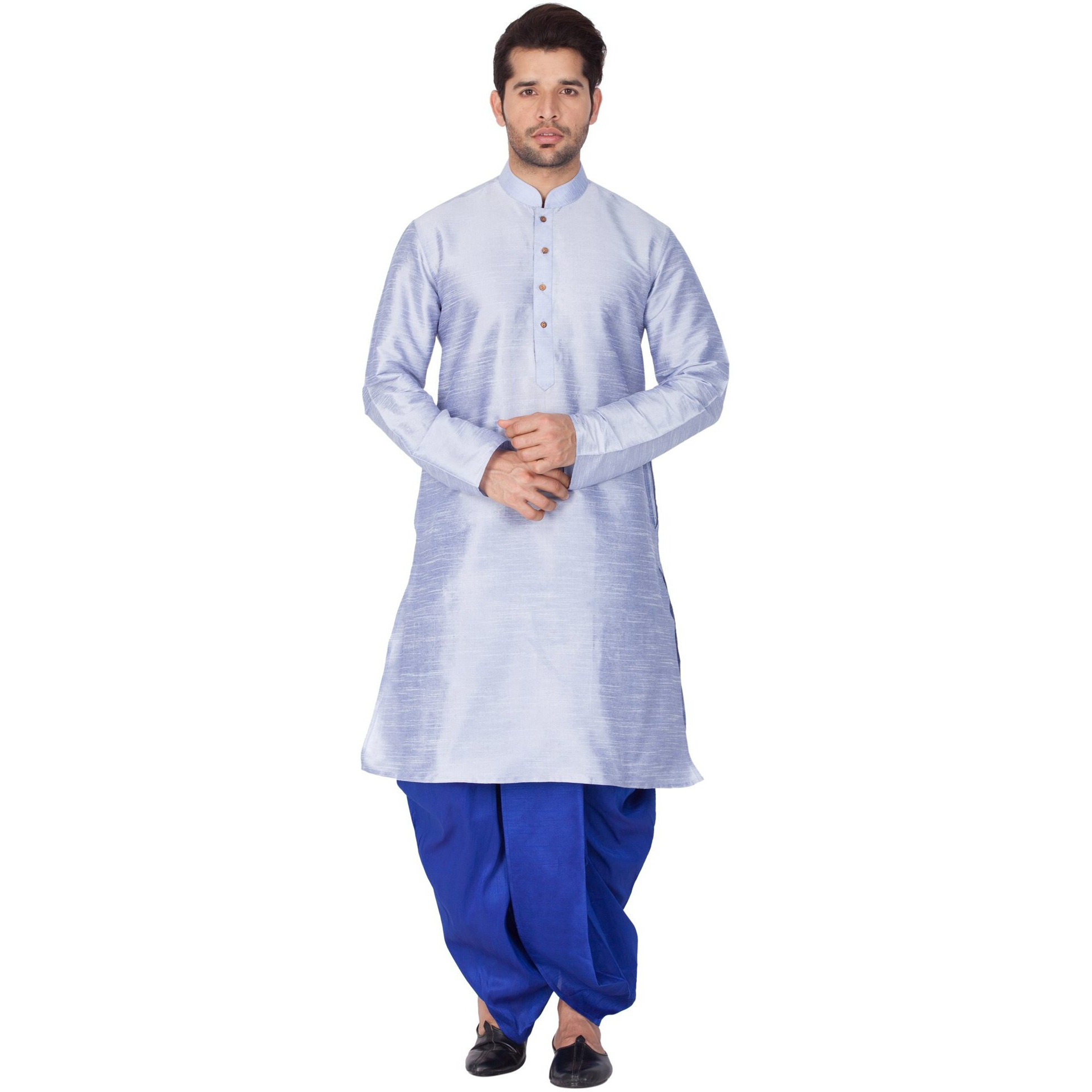 VASTRAMAY Men Cotton Silk Kurta and Dhoti Pant Set (Bluish White_VASMKHA001nDTBU_38)