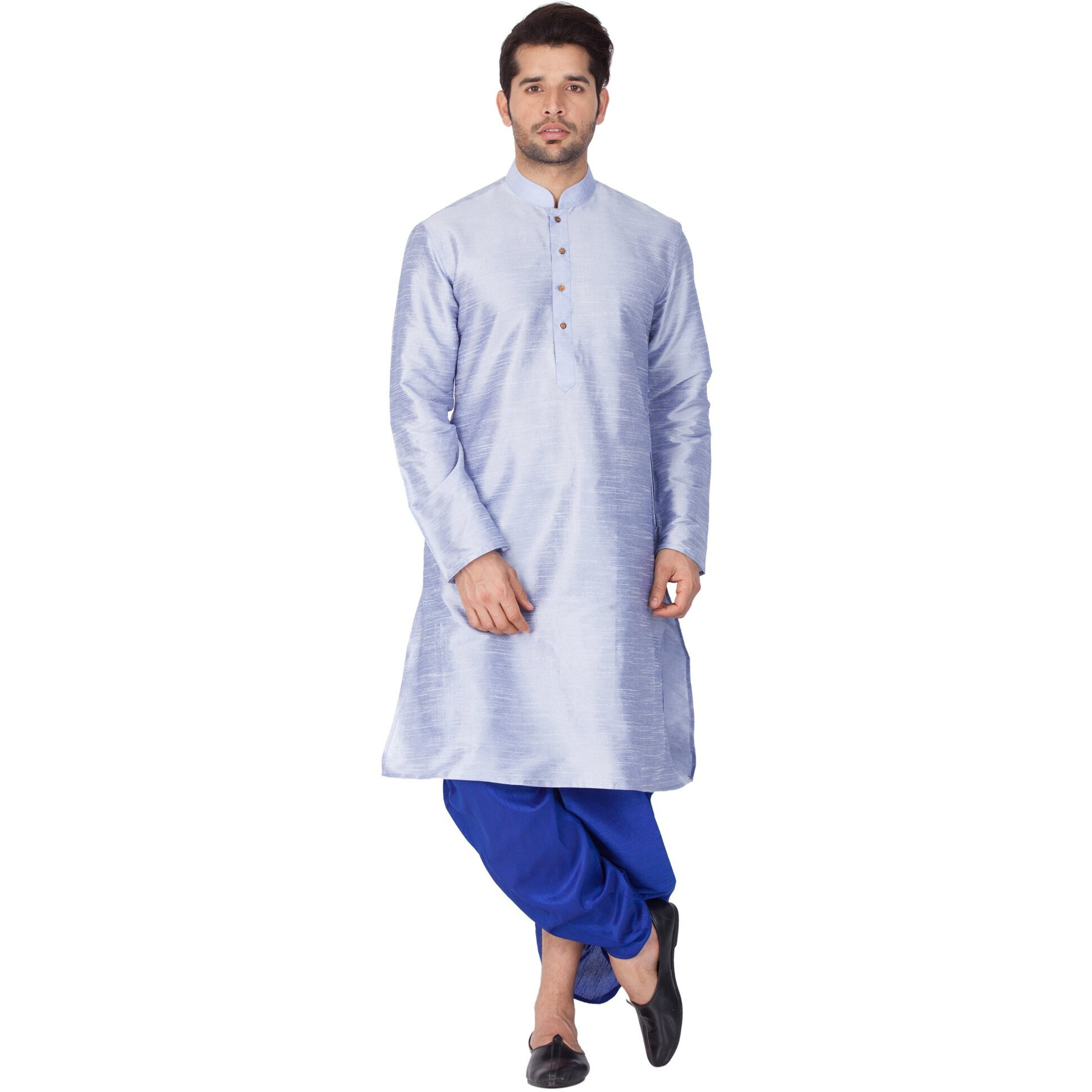 VASTRAMAY Men Cotton Silk Kurta and Dhoti Pant Set (Bluish White_VASMKHA001nDTBU_38)