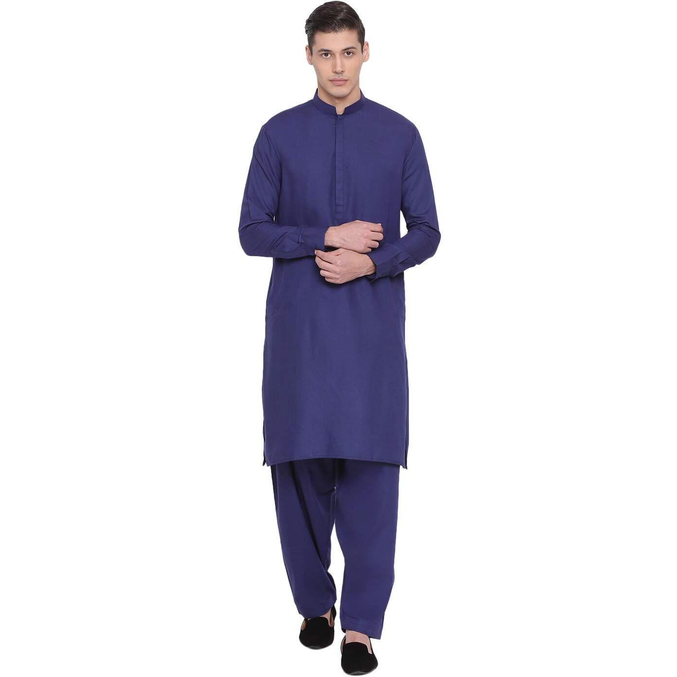 VASTRAMAY Men's Blue Cotton Blend Kurta Pyjama Set_VASMK096BUnP_40