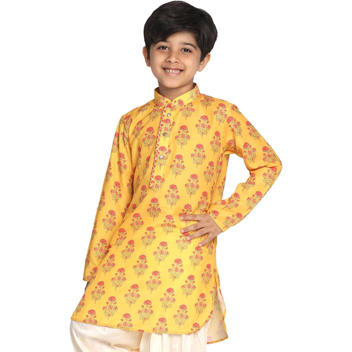 VASTRAMAY Boys' Mustard Kurta | Multi Color Base Mustard Muslin Floral Printed Kurta | Festive Boys Ethnic Kurta for Navratri, Diwali & Weddings - Traditional Kurta - Comfortable & Stylish Indian Wear