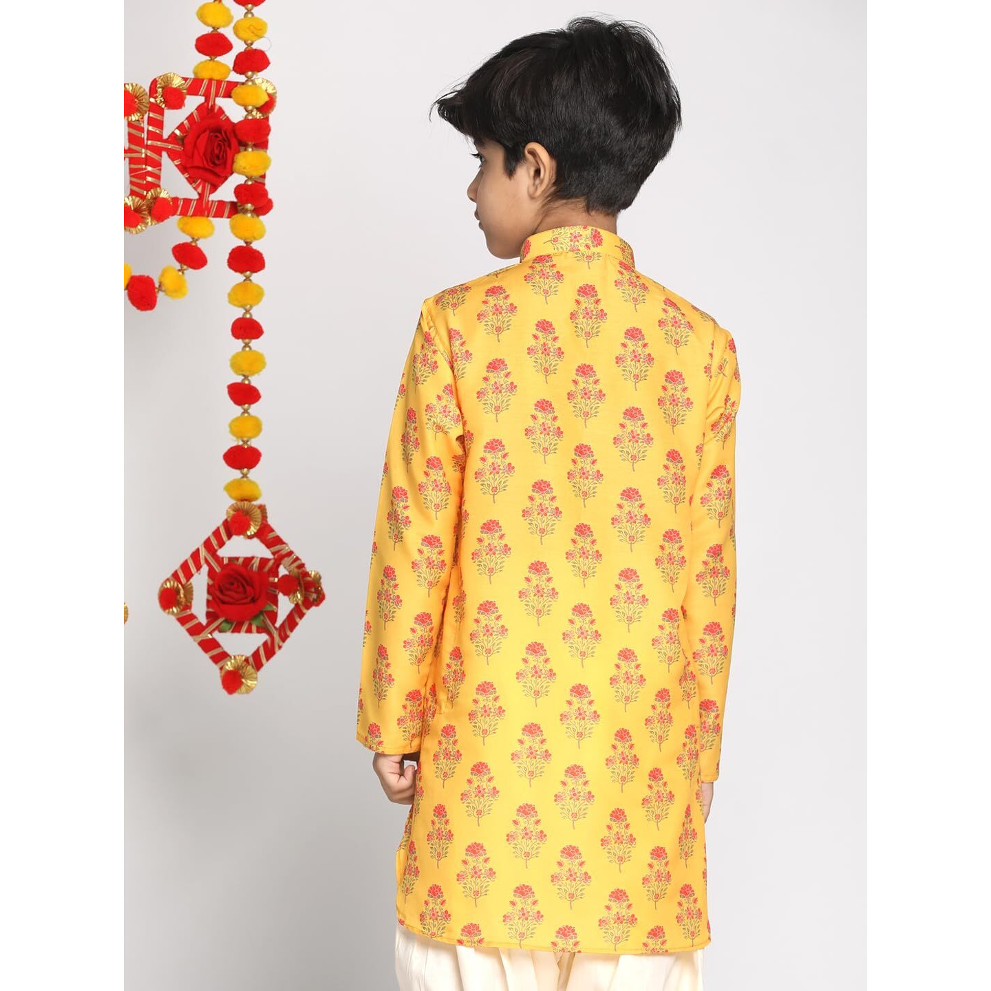 VASTRAMAY Boys' Mustard Kurta | Multi Color Base Mustard Muslin Floral Printed Kurta | Festive Boys Ethnic Kurta for Navratri, Diwali & Weddings - Traditional Kurta - Comfortable & Stylish Indian Wear