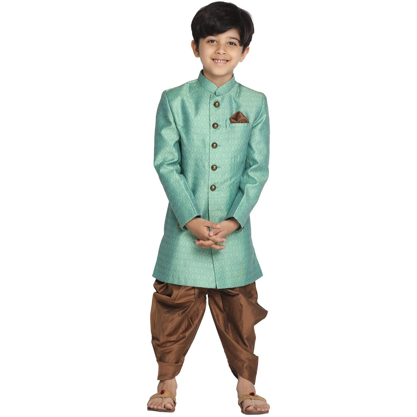 VASTRAMAY Boys' Green And Coffee Indowestern Sherwani and Cowl dhoti pant Set_VASBIW105GNnCDCO_22
