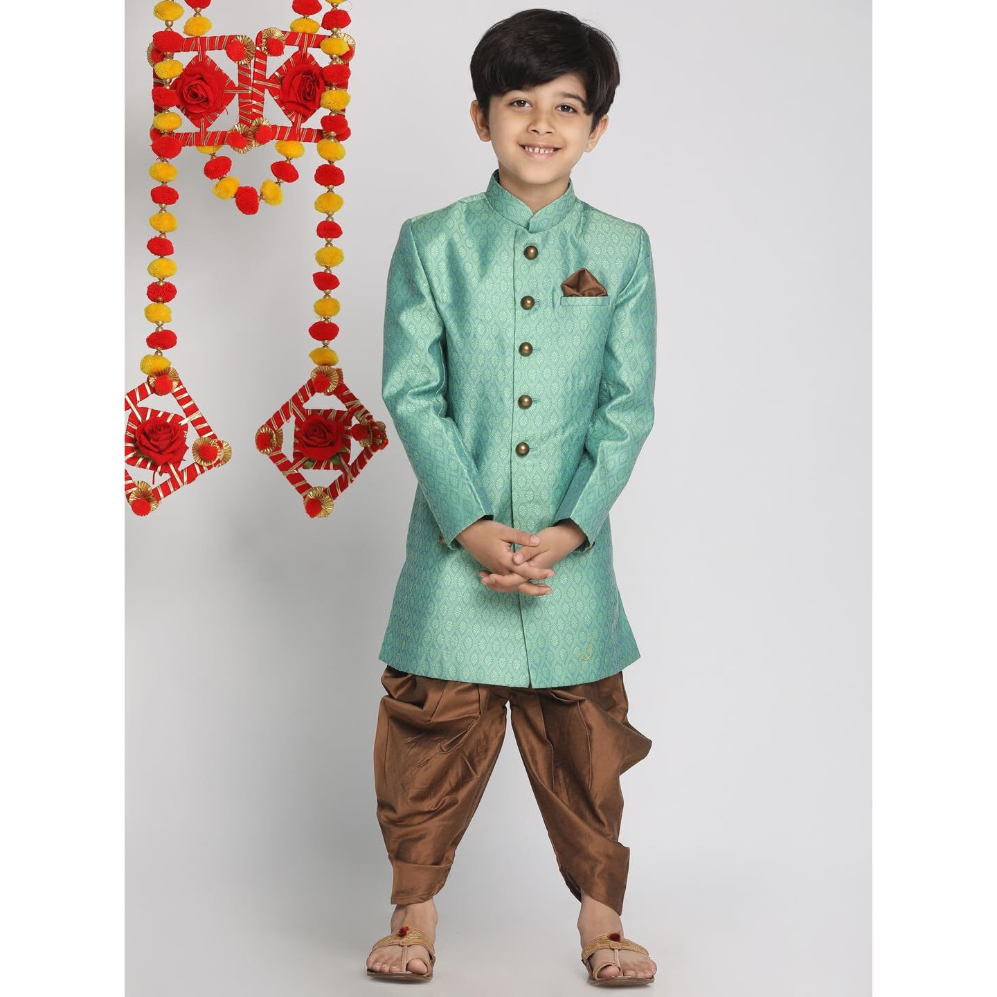 VASTRAMAY Boys' Green And Coffee Indowestern Sherwani and Cowl dhoti pant Set_VASBIW105GNnCDCO_22
