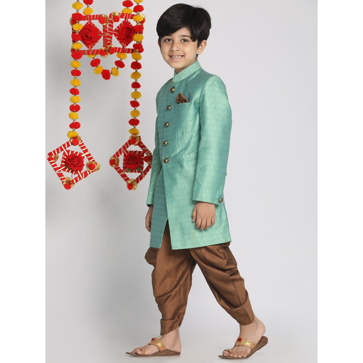 VASTRAMAY Boys' Green And Coffee Indowestern Sherwani and Cowl dhoti pant Set_VASBIW105GNnCDCO_22
