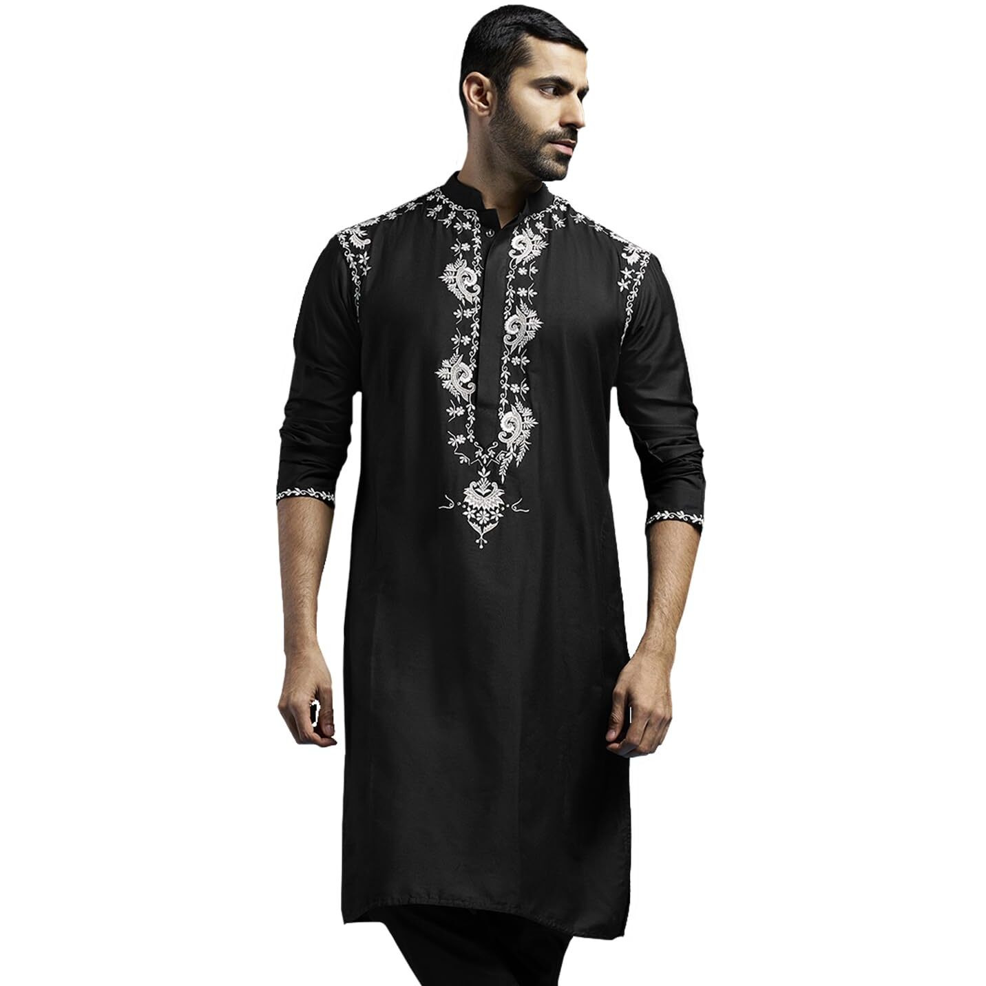 VASTRAMAY Men's Black Viscose Kurta | Viscose Embroidered Kurta for Men.