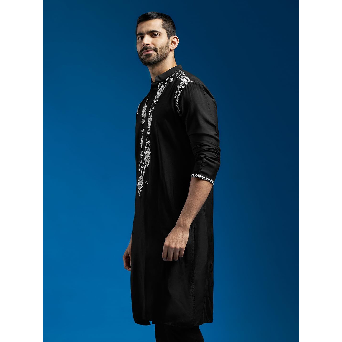 VASTRAMAY Men's Black Viscose Kurta | Viscose Embroidered Kurta for Men.
