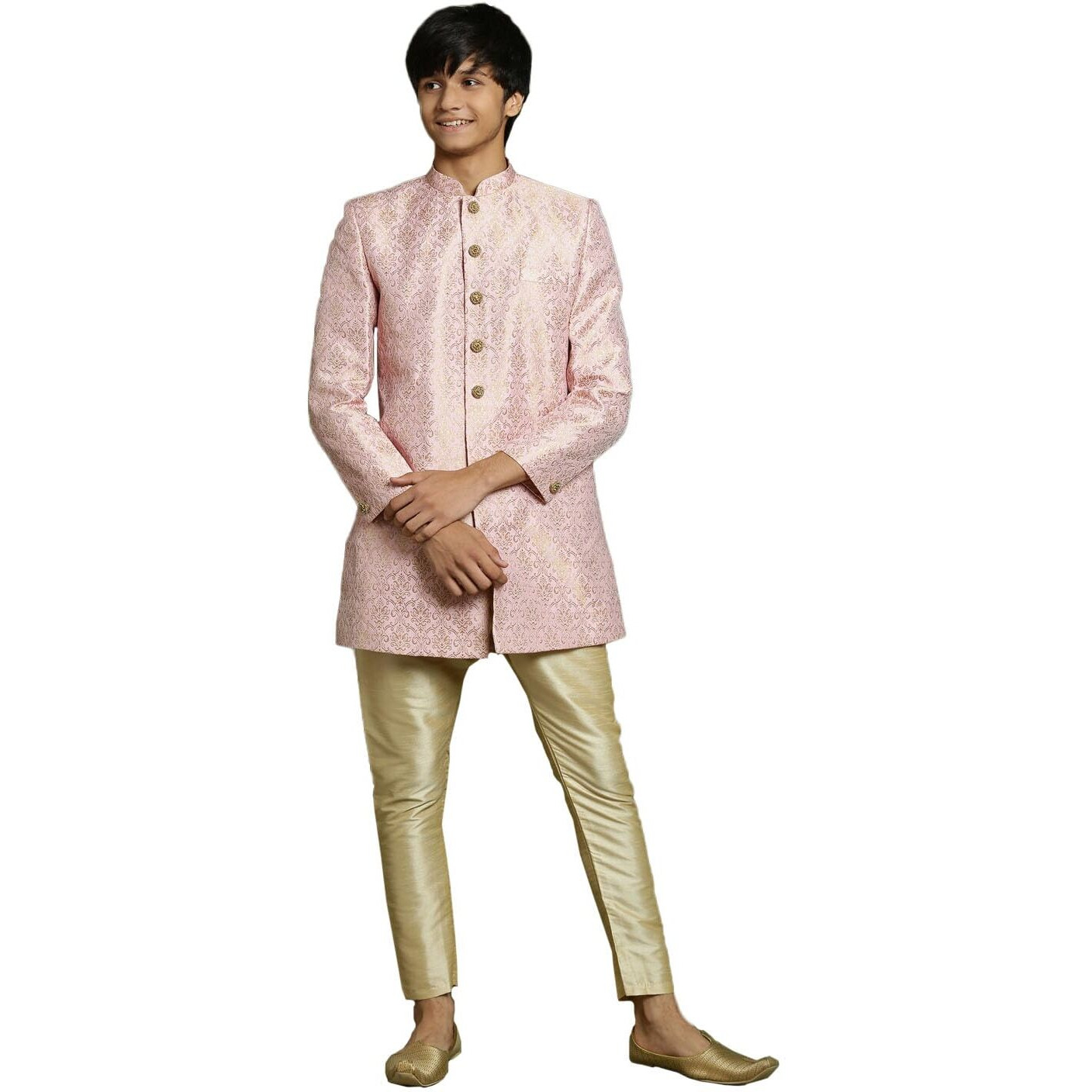 VASTRAMAY YUVA Boys' Pink And Gold Sherwani And Pyjama Set_VYUVBSW128nPGO_36L
