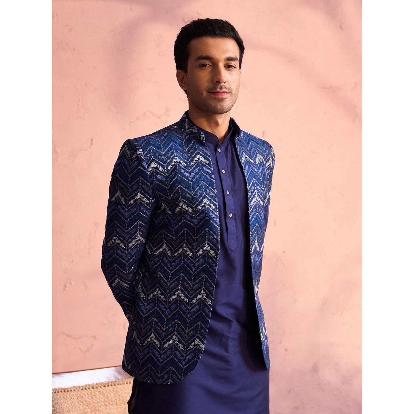 VASTRAMAY Men's Blue Silk Blend Jodhpuri | Cheveron Embroidered And Sequins Embellished Front Open Jodhpuri