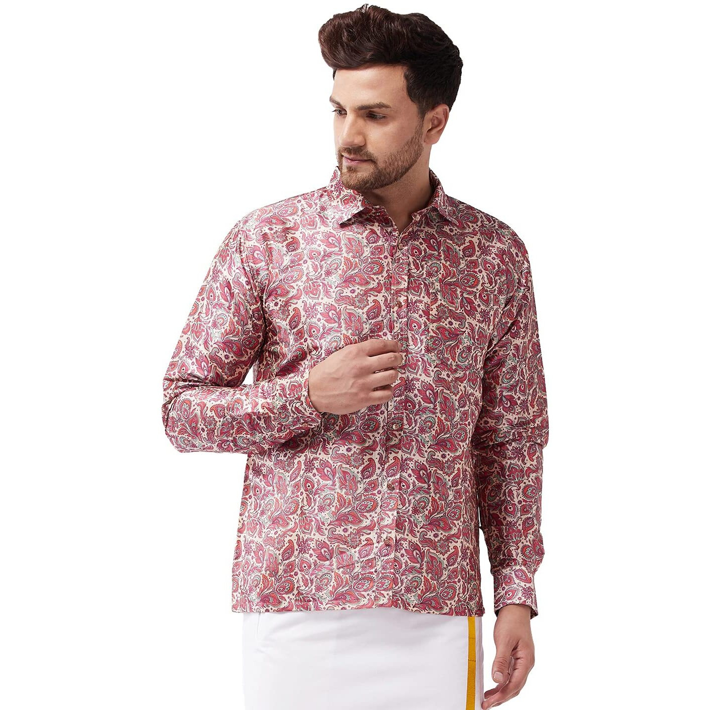 VASTRAMAY Men's Multicolor-Base-Pink Silk Blend Ethnic Shirt_VASMSH009MC_42