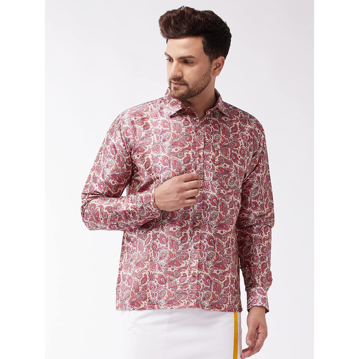VASTRAMAY Men's Multicolor-Base-Pink Silk Blend Ethnic Shirt_VASMSH009MC_42