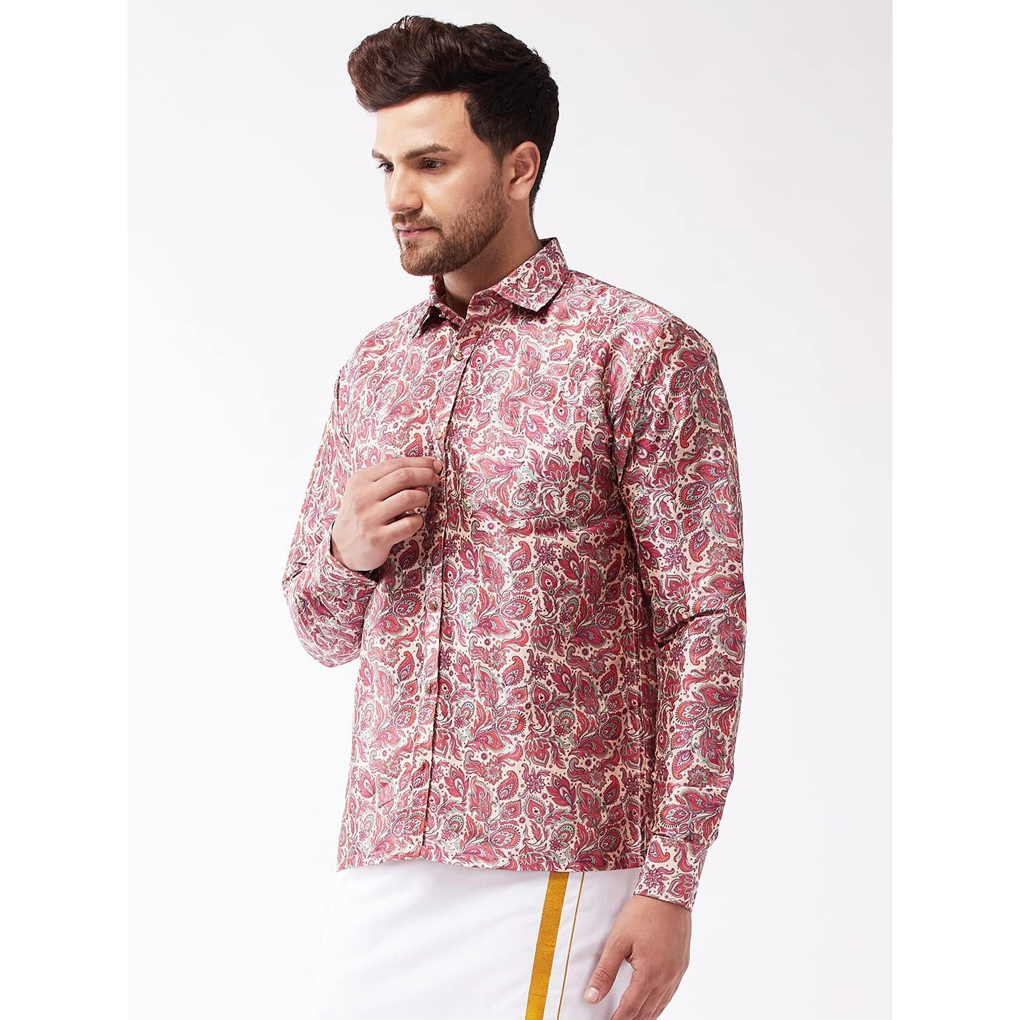 VASTRAMAY Men's Multicolor-Base-Pink Silk Blend Ethnic Shirt_VASMSH009MC_42
