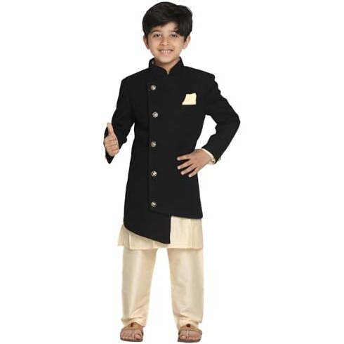 VASTRAMAY Boys' Black And Cream Indowestern Set
