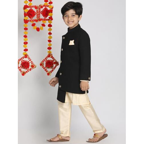 VASTRAMAY Boys' Black And Cream Indowestern Set