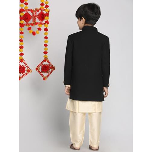 VASTRAMAY Boys' Black And Cream Indowestern Set