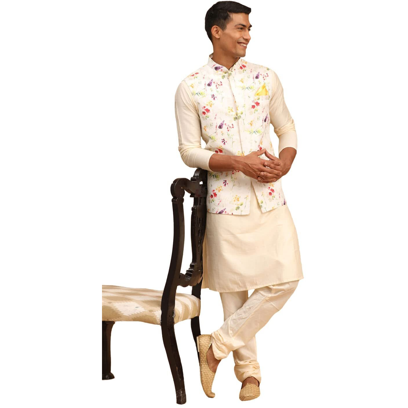 VASTRAMAY Men's Cream Viscose Jacket, Kurta and Pyjama Set-VASMJ089CRnK091CRnVPCR_38