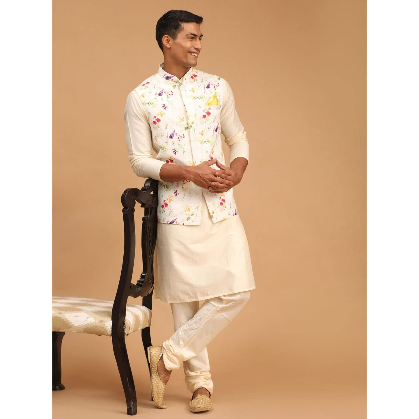 VASTRAMAY Men's Cream Viscose Jacket, Kurta and Pyjama Set-VASMJ089CRnK091CRnVPCR_38