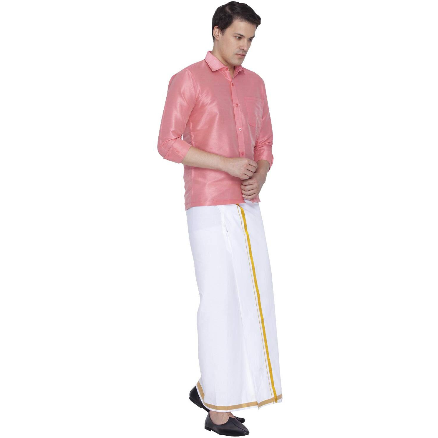 VASTRAMAY Men Pink Cotton Silk Shirt and Dhoti Set (VASMSH002PNnMU1_46)