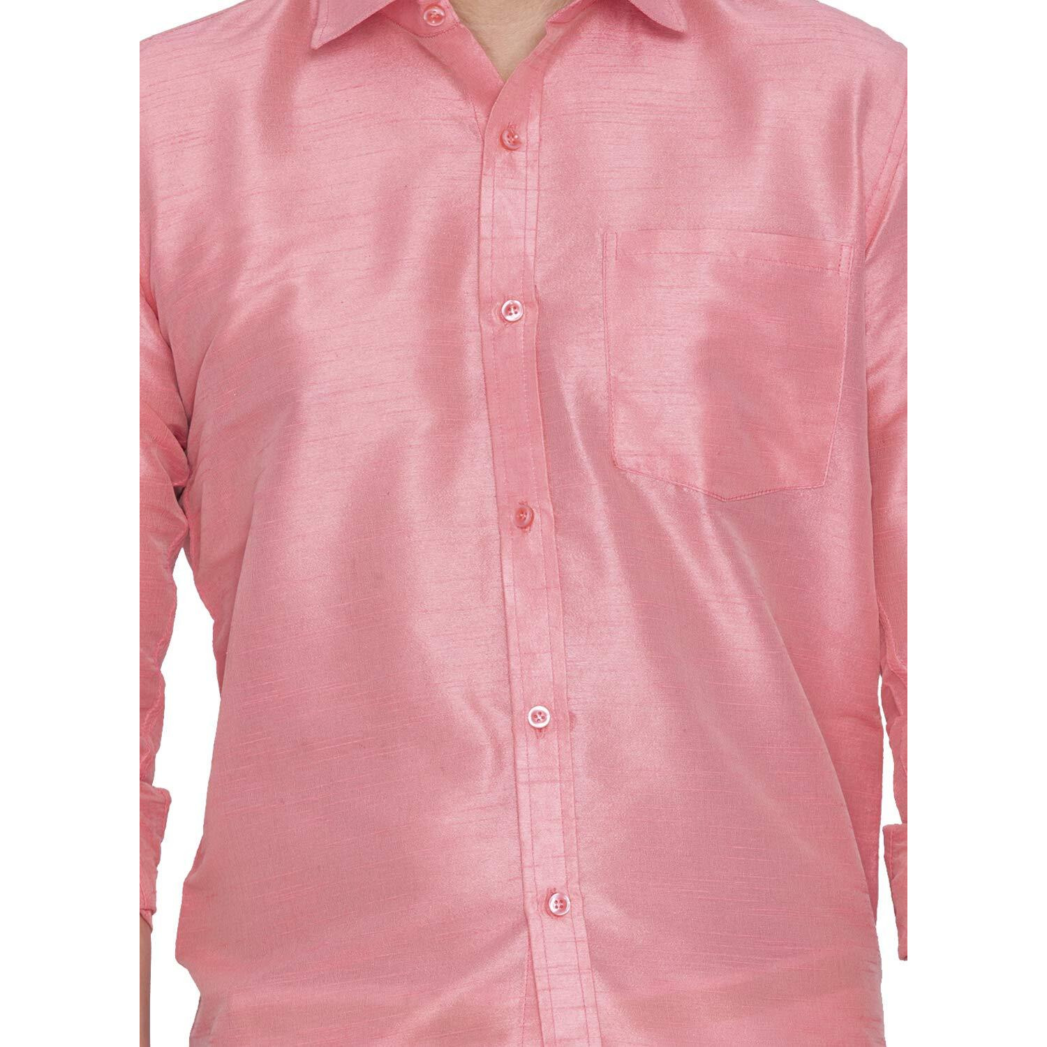 VASTRAMAY Men Pink Cotton Silk Shirt and Dhoti Set (VASMSH002PNnMU1_46)