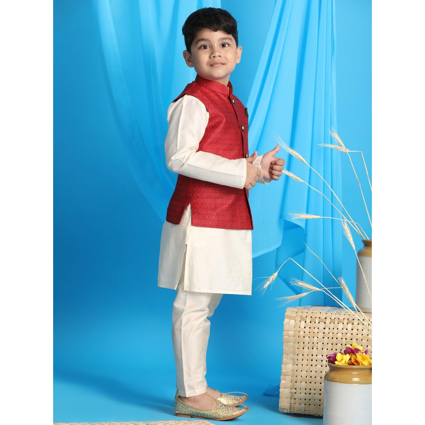 VASTRAMAY Boys' Maroon And Cream Jacket, Kurta and Pyjama Set_VASBJ105MAnBK091CRnBVPCR_32