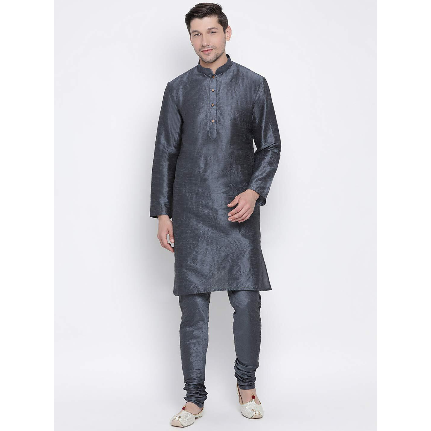 VASTRAMAY Men's Slate Cotton Silk Blend Kurta and Pyjama Set_VASMK001STnPST_42