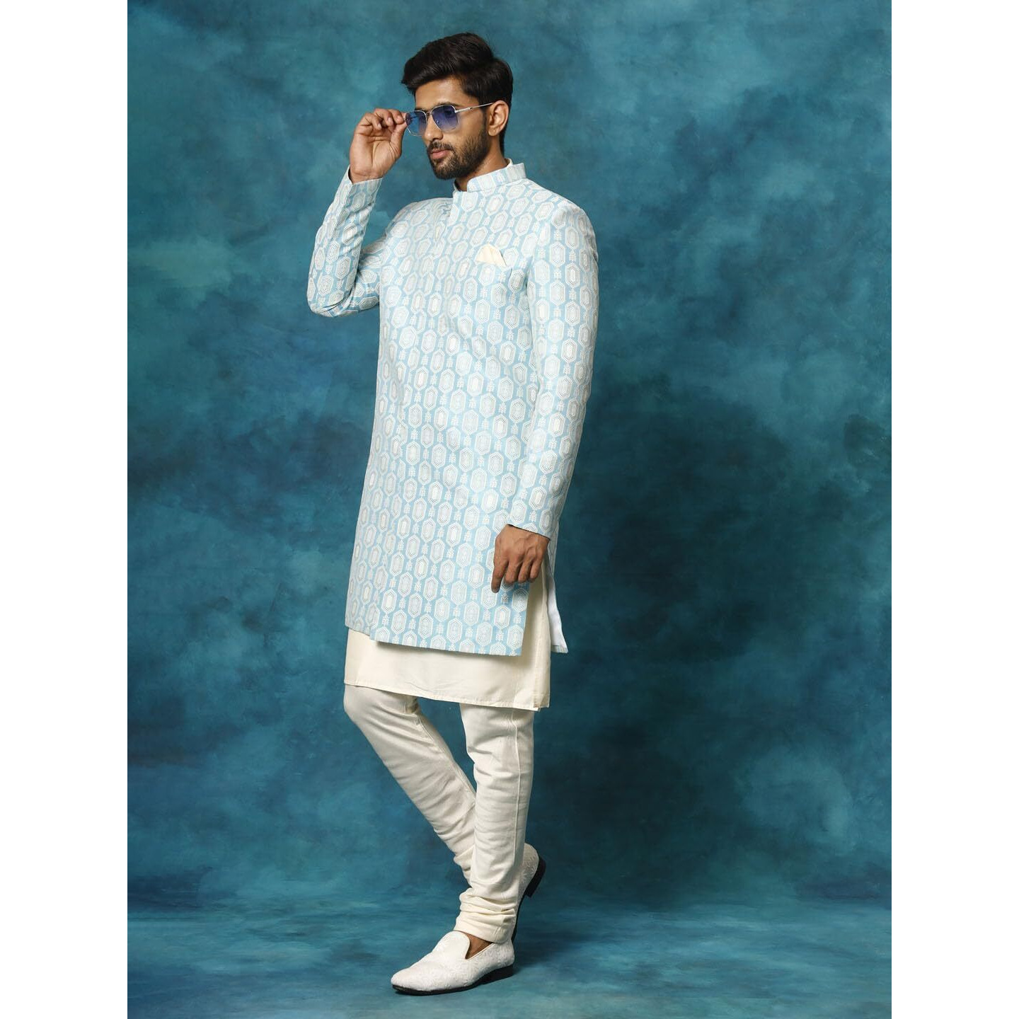 VASTRAMAY Rayon Men's Blue and Cream Viscose Sherwani Set (VASMIW252BUnK169CRnVPCR_40 2