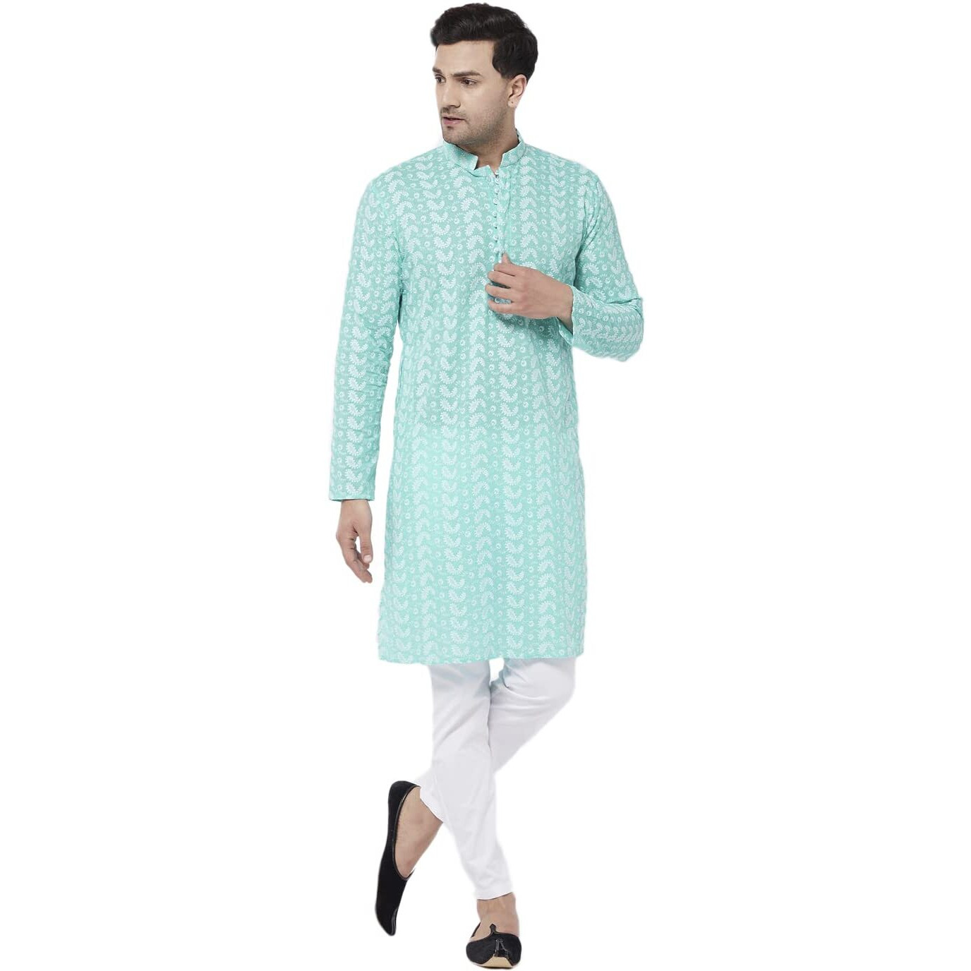 VASTRAMAY Men's Green And White Pure Cotton Kurta Pyjama Set_VASMK094GNnPANT004WH_40