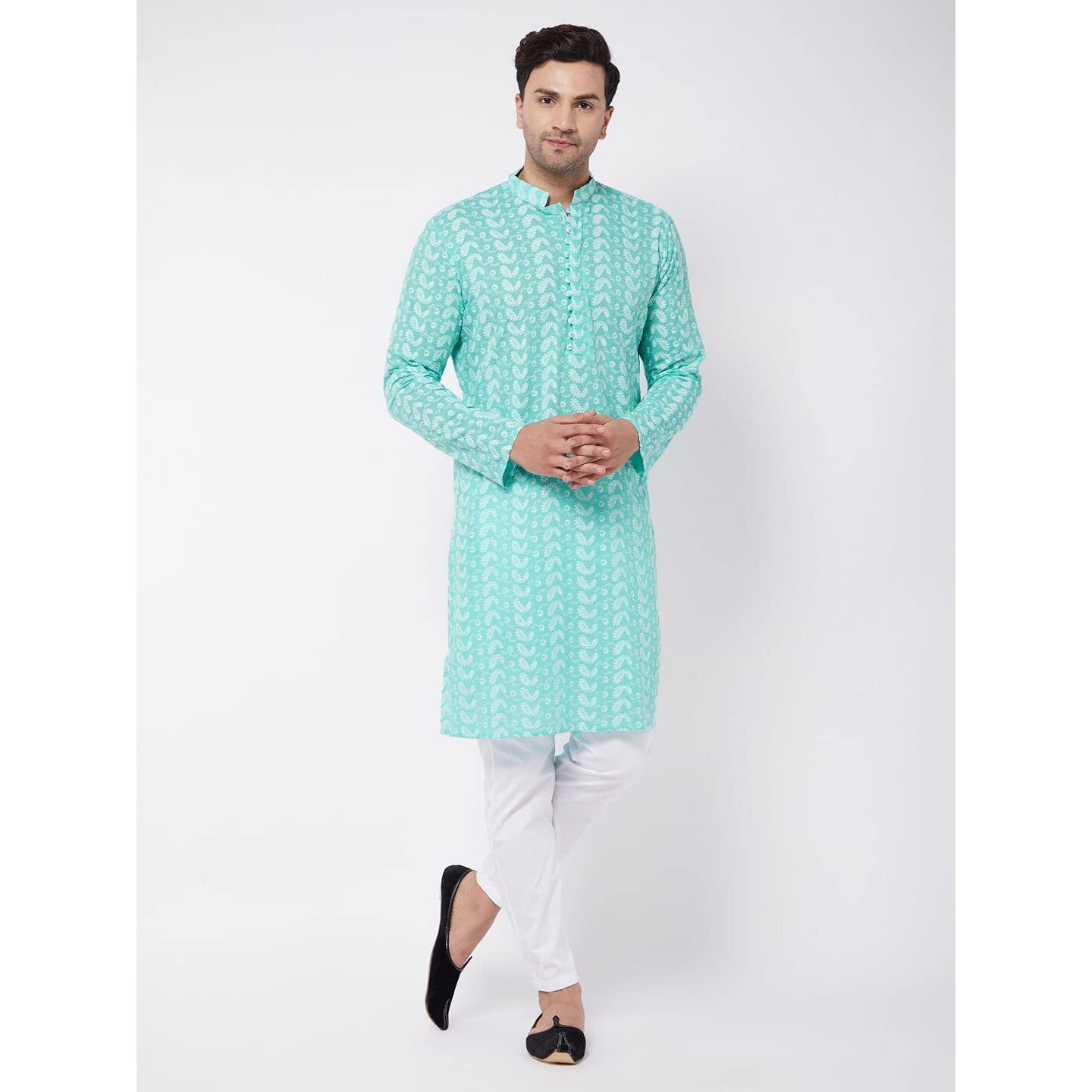 VASTRAMAY Men's Green And White Pure Cotton Kurta Pyjama Set_VASMK094GNnPANT004WH_40
