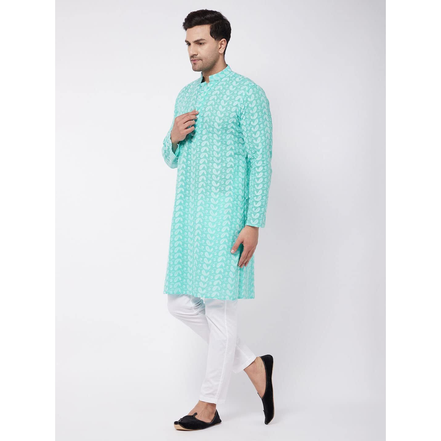 VASTRAMAY Men's Green And White Pure Cotton Kurta Pyjama Set_VASMK094GNnPANT004WH_40