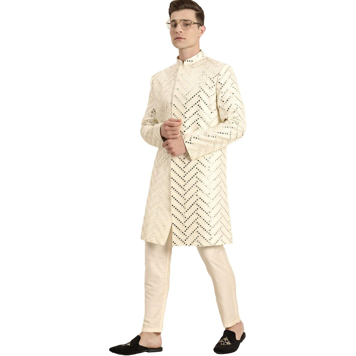 VASTRAMAY Men Cream-Coloured Chevron Embroidered Mirror Work Indo Western Sherwani Set_VASMIW026CRnPANT002CR_36